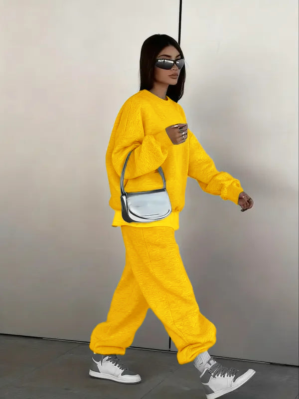 Ensemble deux pièces femme : Sweat-shirt col rond et pantalon de jogging ample, style décontracté sportif urbain hip-hop, mode automne et hiver