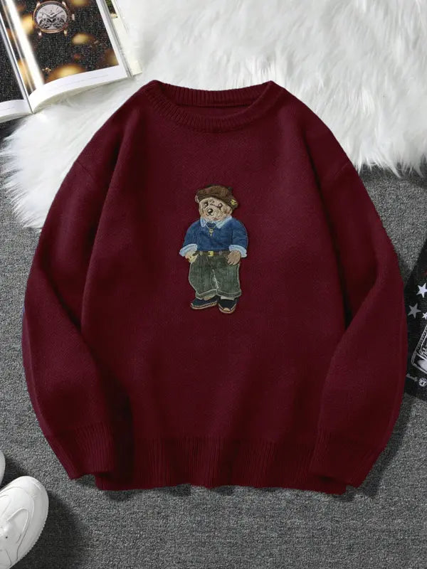 Pull ras du cou unisexe imprimé ours de dessin animé, pull décontracté ample à manches longues pour l'automne et l'hiver, tricot tendance pour femme pour un usage quotidien