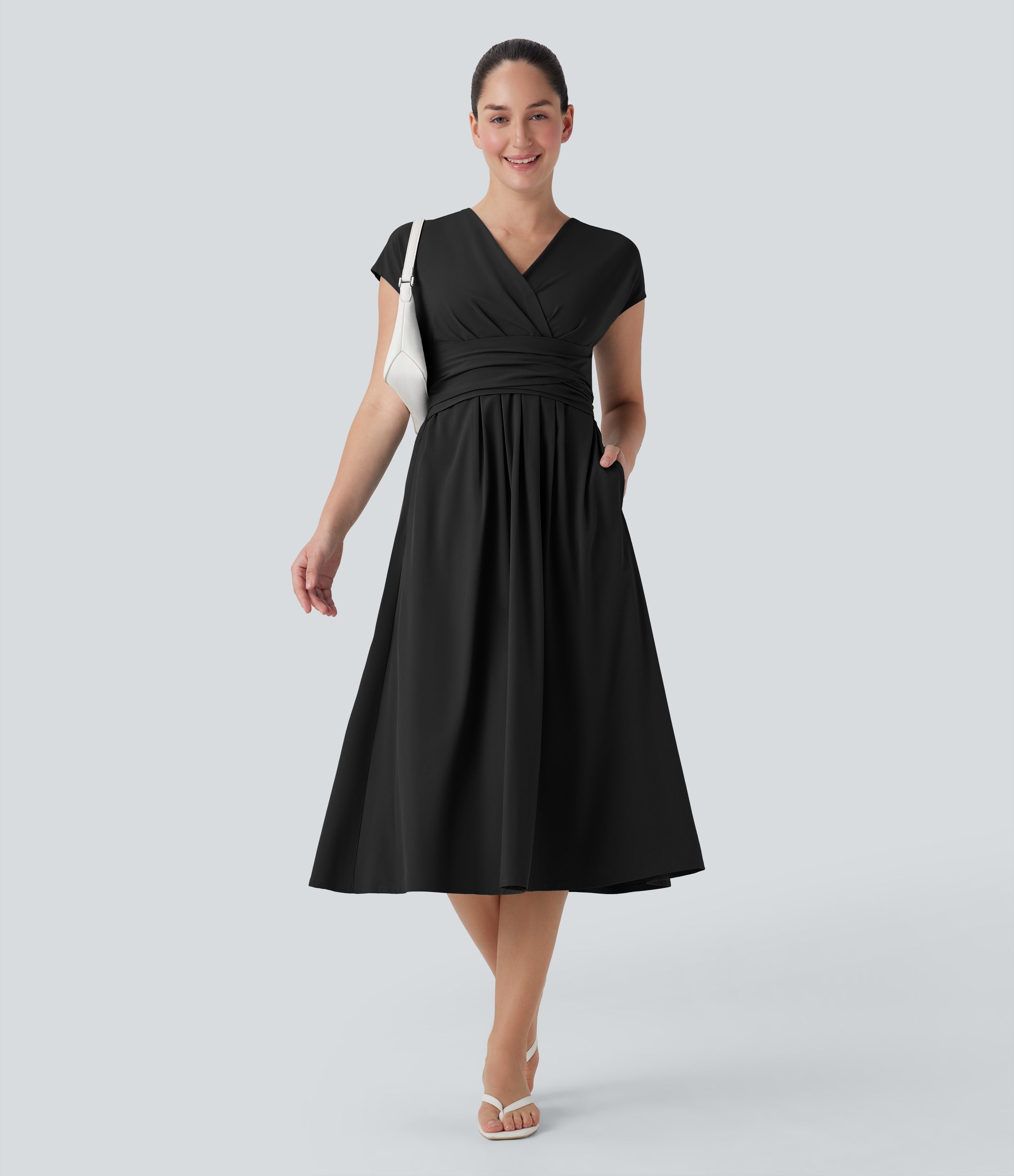 Robe midi décontractée, col en V, manches courtes, poches latérales, dos noué, séchage rapide
