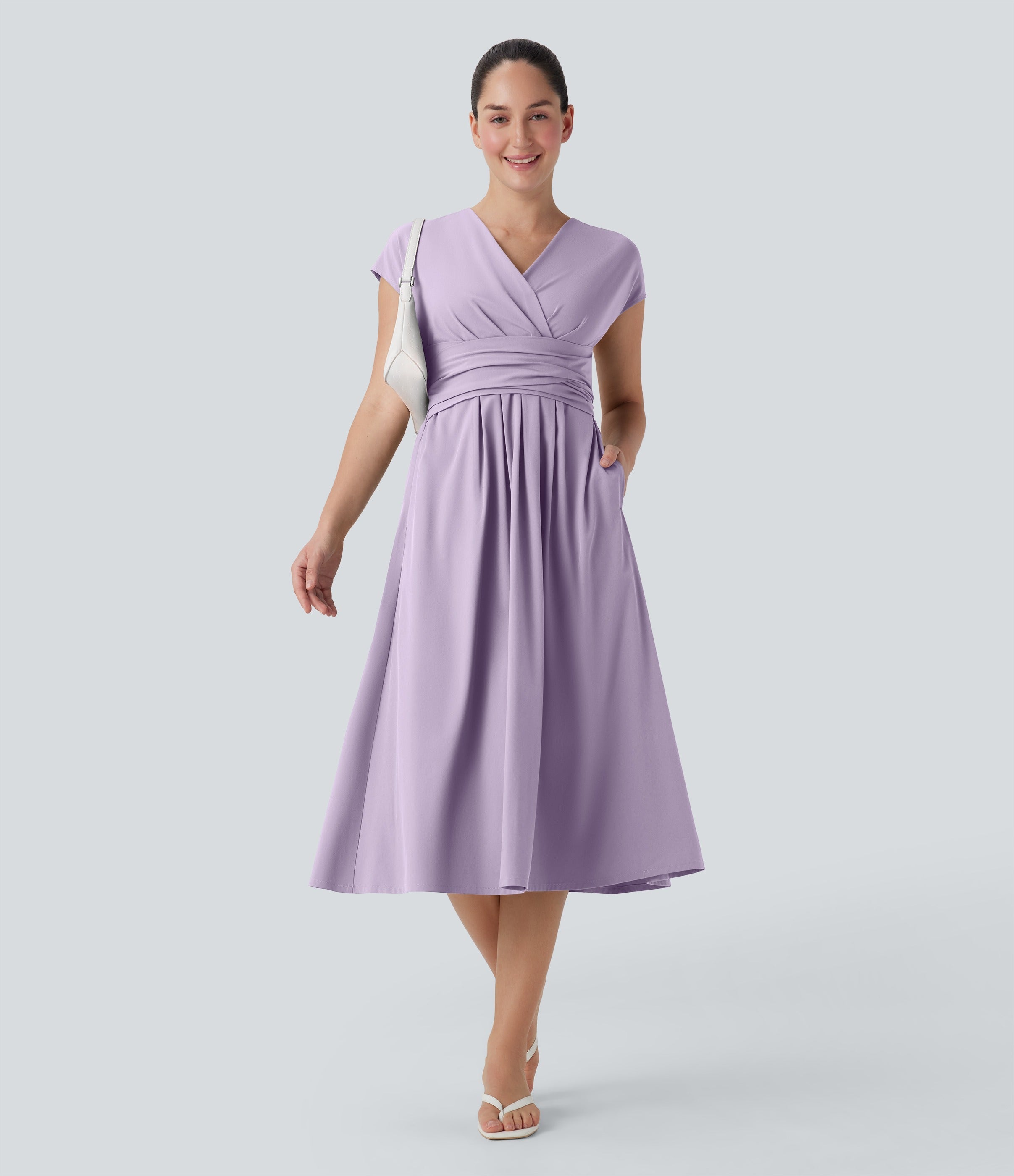 Robe midi décontractée, col en V, manches courtes, poches latérales, dos noué, séchage rapide