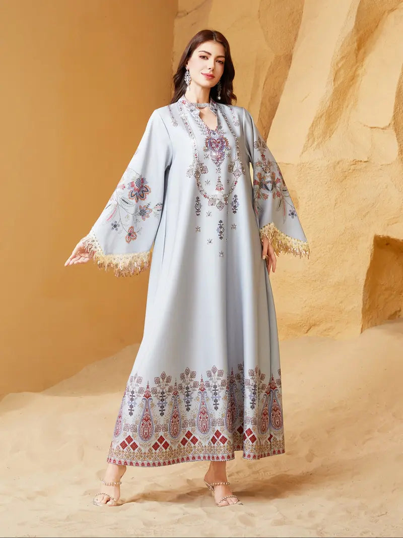 Robe longue élégante pour femme, coupe ample, imprimé ethnique, laçage, toutes saisons, parfaite pour les soirées et les événements spéciaux