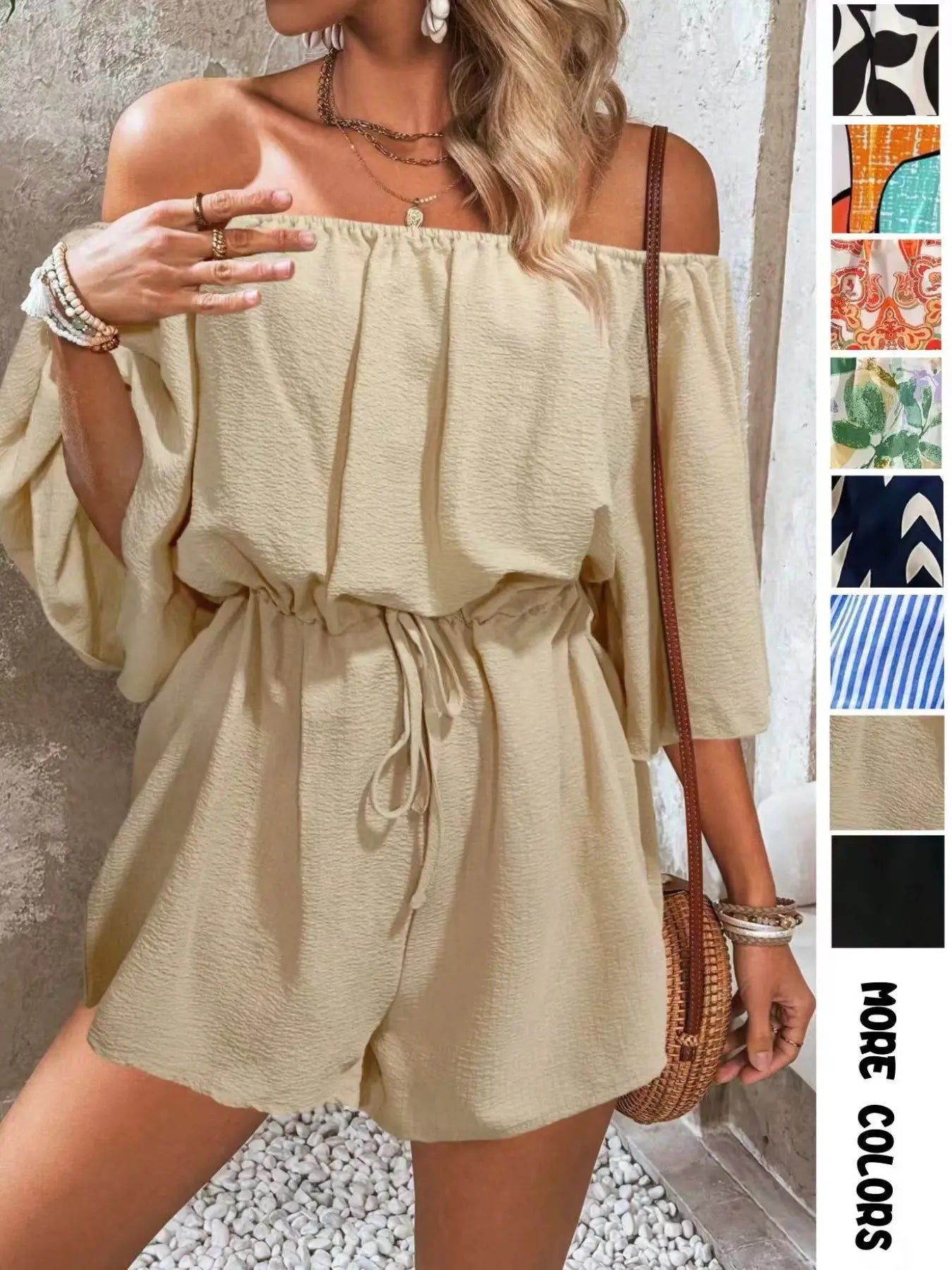 Combishort Femme à Imprimé Feuillage Épaules Dénudées et Nœud sur le Devant, Combinaison Décontractée à Manches Volantes pour l'Été, Vêtements de Mode pour Femme pour Vacances à la Plage