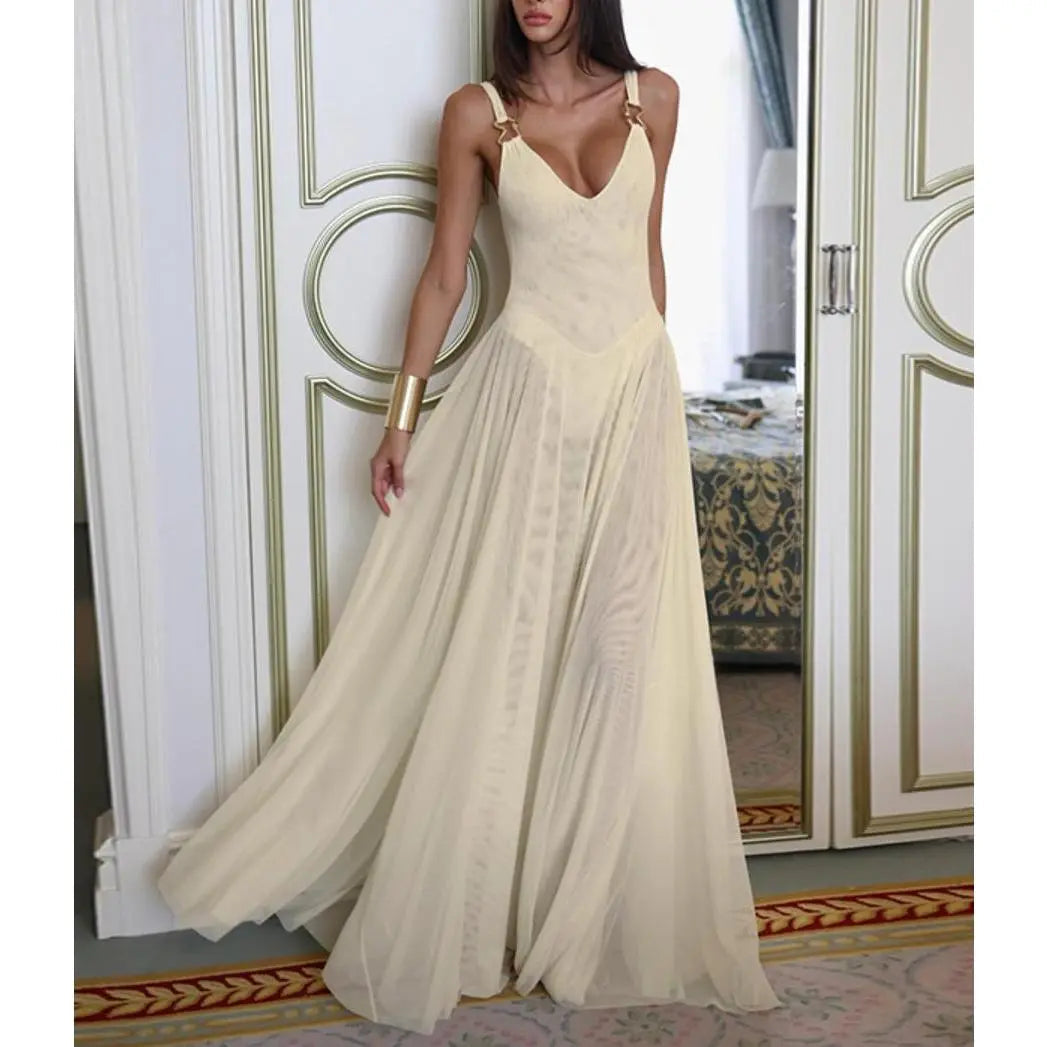 Robe camisole unie en tulle à col en V profond pour femme