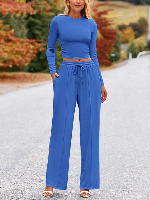 Ensemble de salon assorti 2 pièces en tricot côtelé : haut court à manches longues et pantalon large