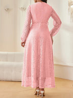Women's Lace V-Neck Long Sleeve Dress, Elegant Chic Belted Waist, Slim Fit, Plain Color, Wedding Evening Formal Occasion, Spring & Fall