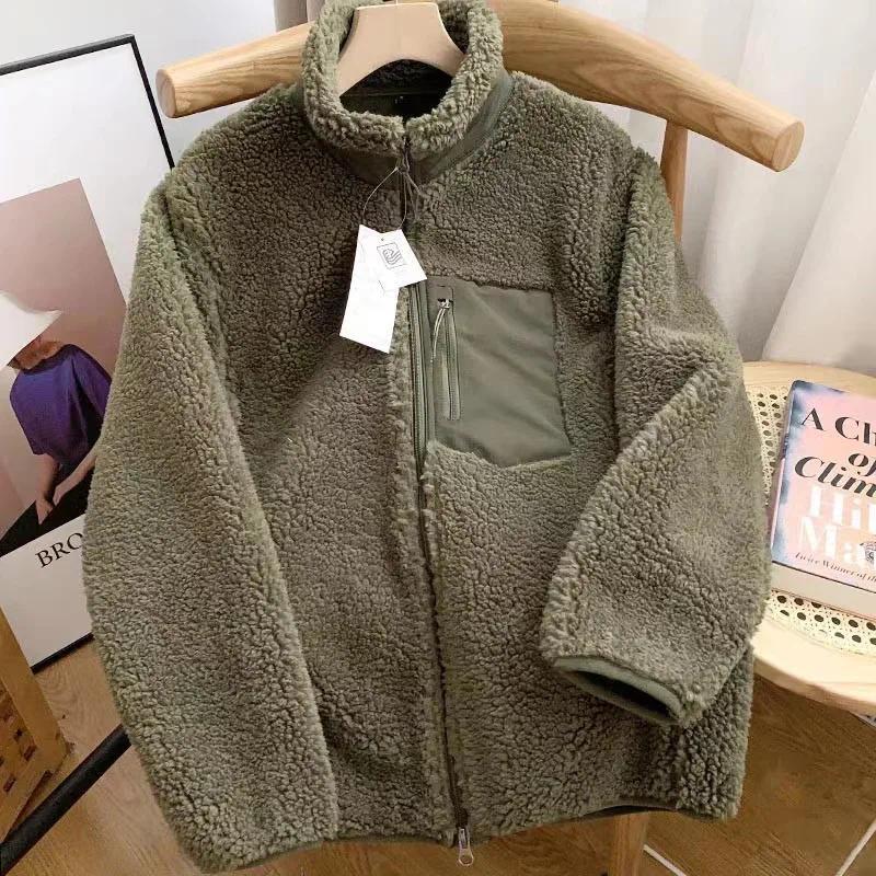 Veste en peluche Agneau Mode Femme Automne Hiver Nouvelle Poche Zippée Manches Longues Col Montant Ample Confort Chaud Veste pour Femme