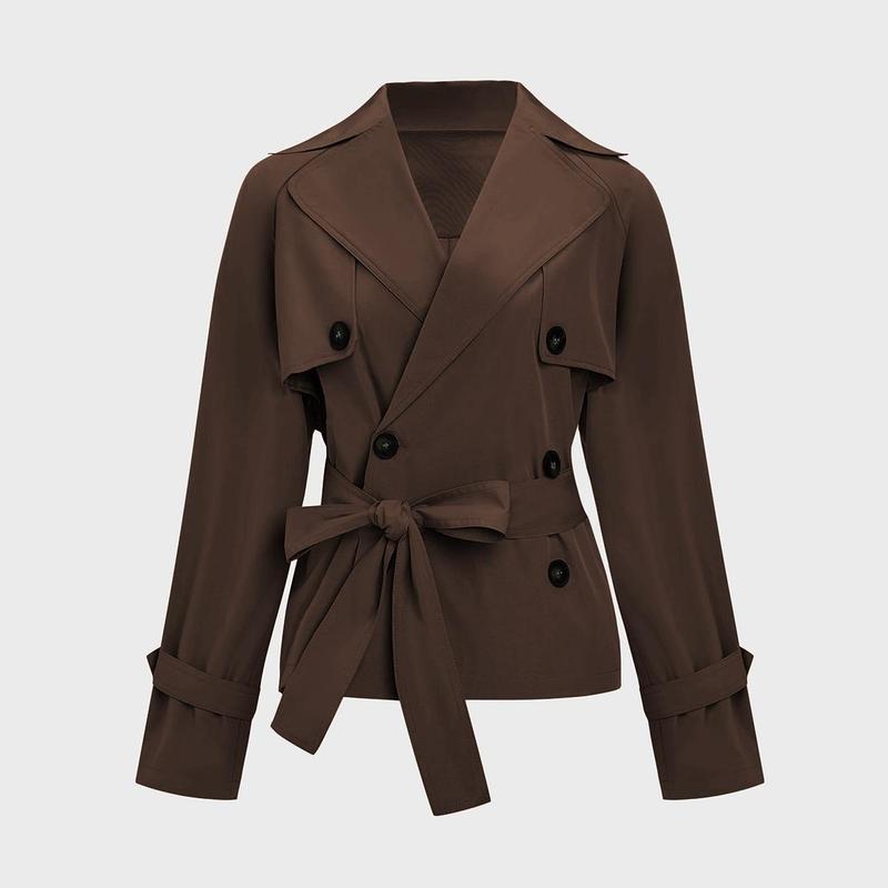 Trench-coat droit pour femme avec ceinture détachable et revers crantés, Trench-coat élégant à revers, style wrap, pour l'automne et l'hiver
