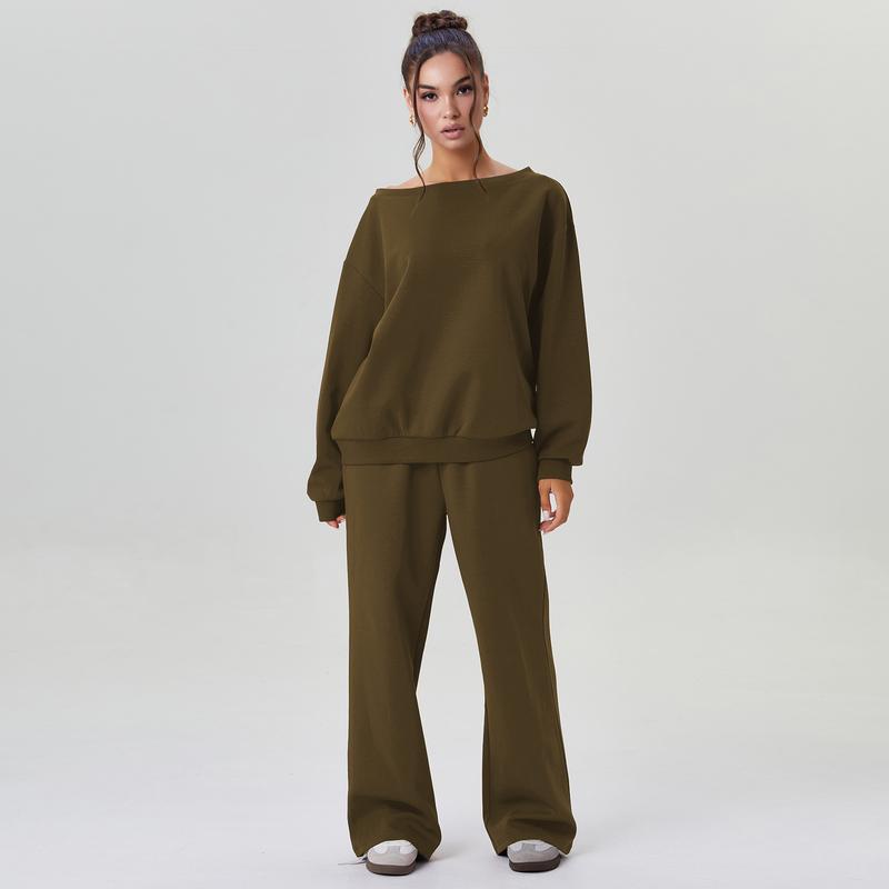Ensemble deux pièces décontracté pour femme, couleur unie, haut à manches longues et épaule tombante, et pantalon large, confortable, décolleté rond, ample, basique.