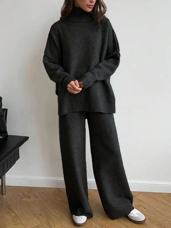 Ensemble 2 pièces pull et pantalon femme - Automne/Hiver - Col roulé, manches longues, épaules tombantes, couleur unie