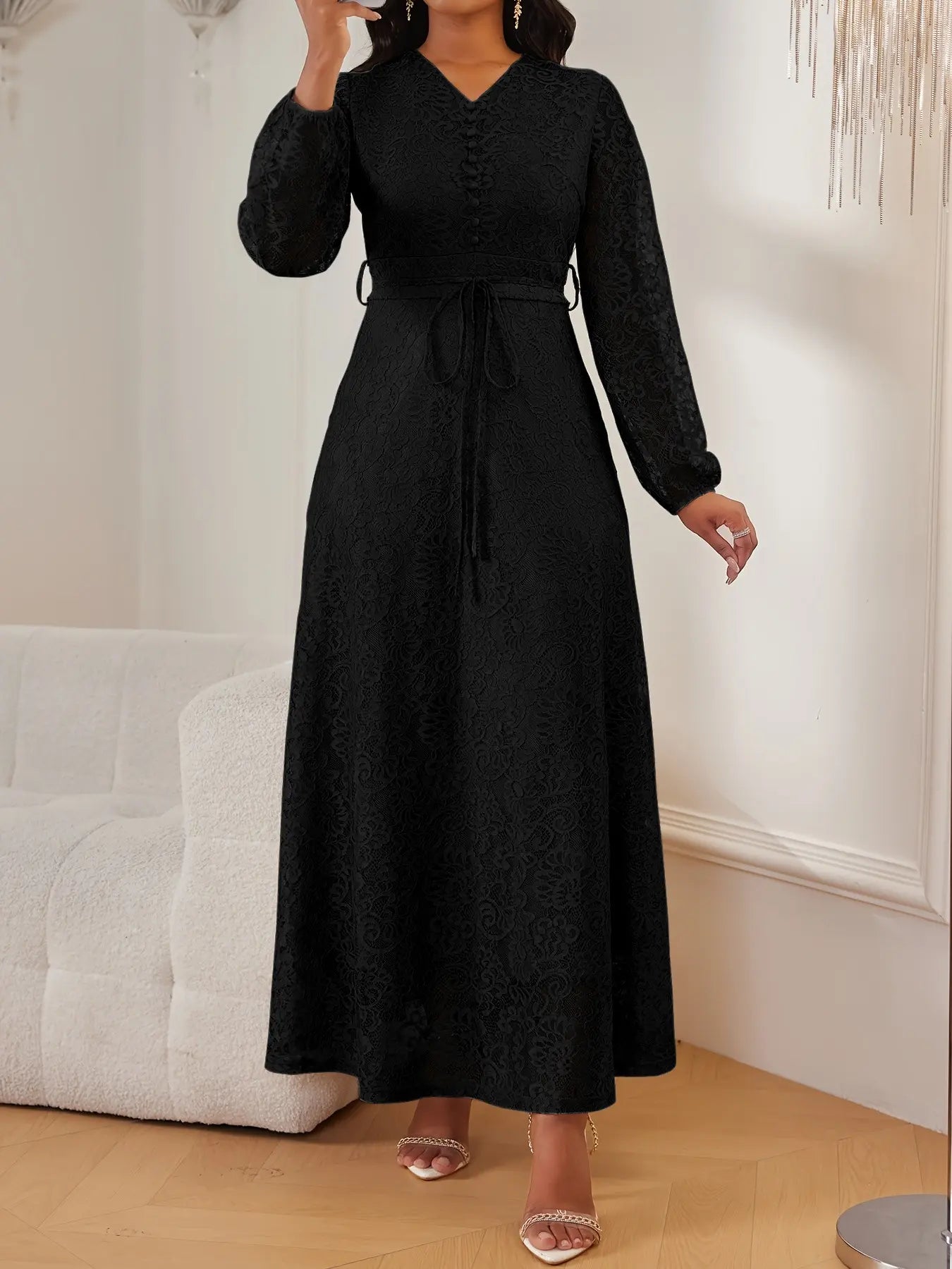 Robe longue femme col V en dentelle, manches longues, taille ceinturée élégante et chic, coupe ajustée, couleur unie, pour mariage, soirée, occasion formelle, printemps et automne