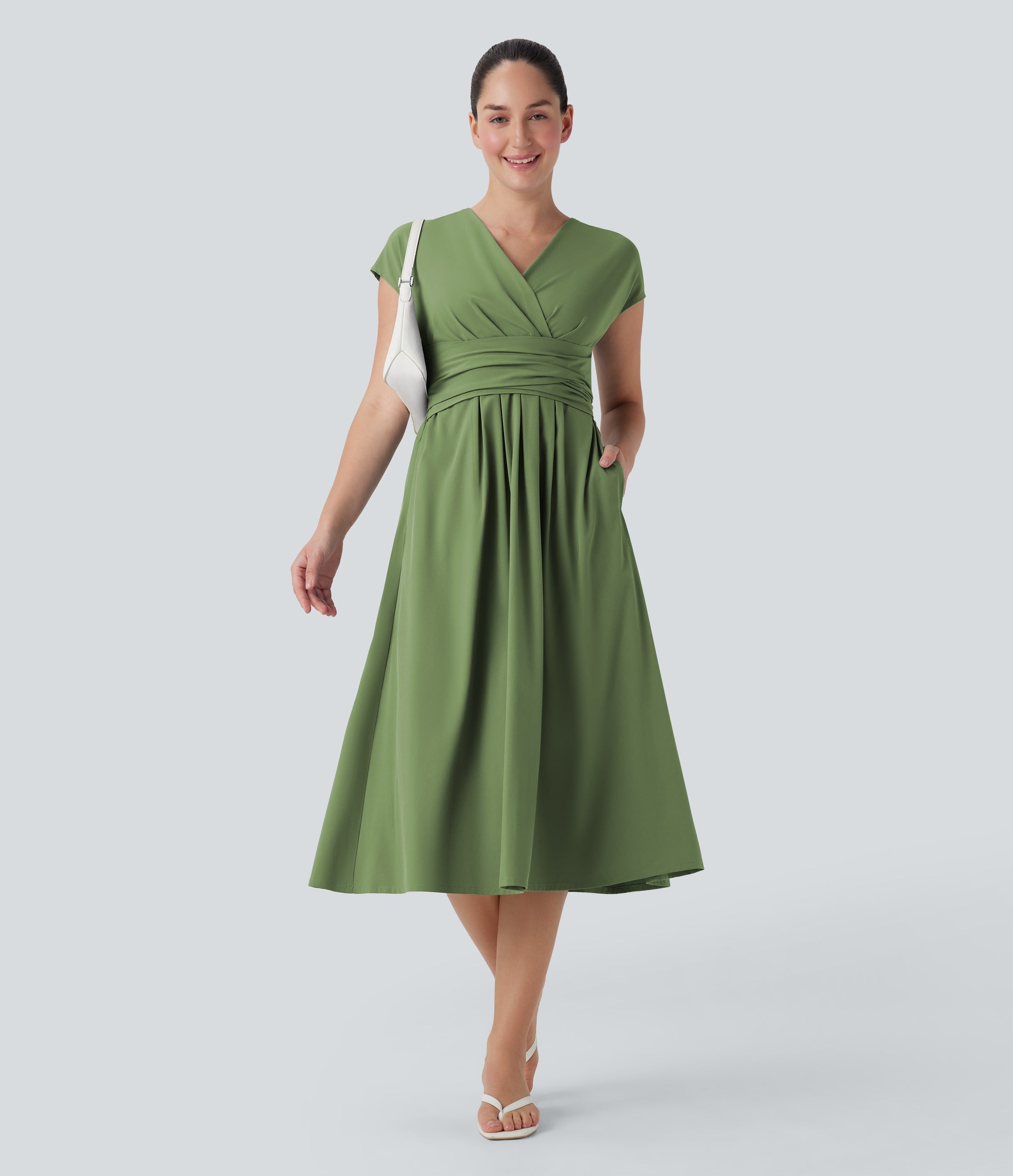 Robe midi décontractée, col en V, manches courtes, poches latérales, dos noué, séchage rapide