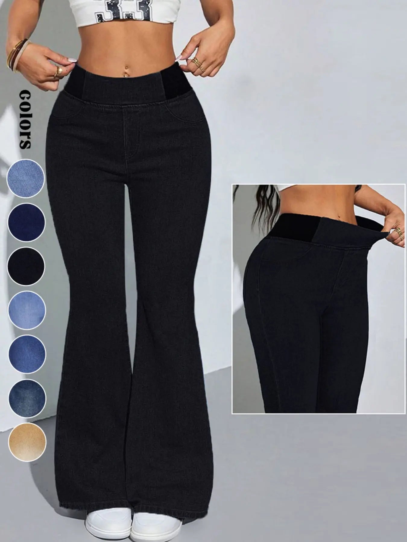 Jeans évasés Y2K 2026 pour femmes, taille élastique mi-haute, avec poches, délavage bleu clair, jeans pattes d'éléphant jambes larges pour femmes, taille ajustée