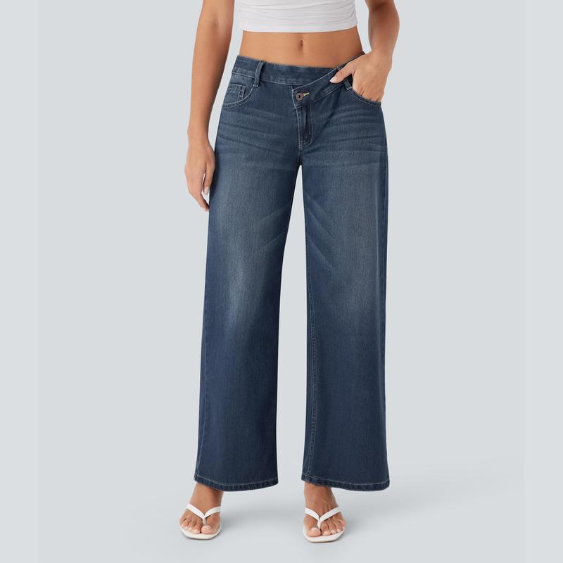 Jean décontracté baggy délavé coupe large à poches zippées asymétriques taille basse