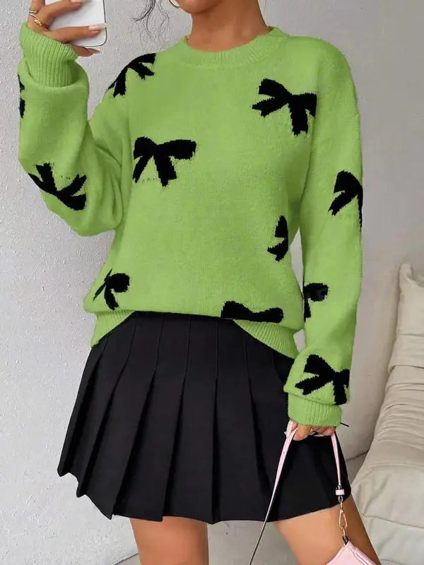 Pull décontracté tricoté lâche imprimé nœud papillon à la mode, pull femme automne/hiver, nouveau pull tricoté à col rond et manches longues
