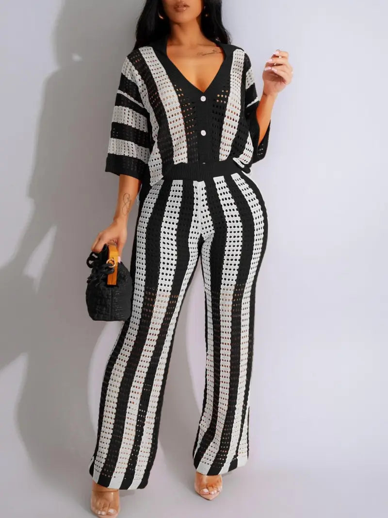 Ensemble deux pièces femme - Haut color block rayé découpé boutonné et pantalon large