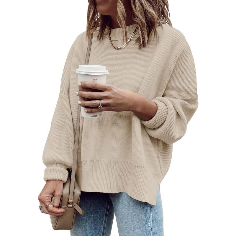 Pull Tunique Oversize Femme, Ample, Manches Longues, Tricot Côtelé, Fentes Latérales