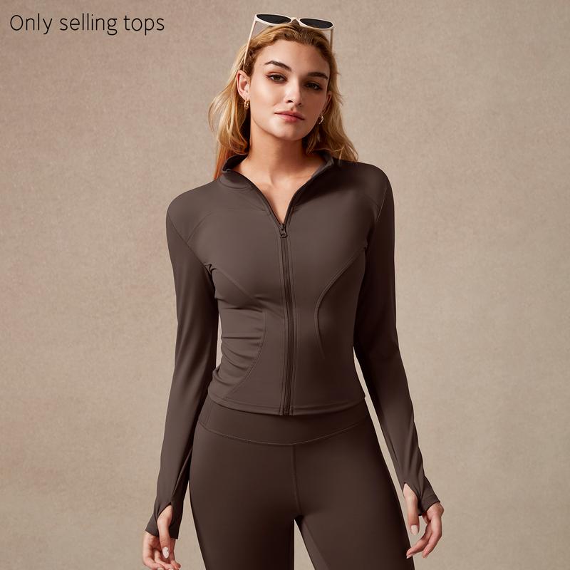 Veste de sport zippée à manches longues pour femme, coupe ajustée, tissu extensible à séchage rapide avec trous pour les pouces, pour la course, le yoga, la gym, tenues d'entraînement, vêtements de sport.
