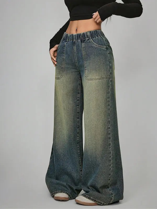 Pantalon décontracté taille haute pour femme, jean ample et large avec poches, taille élastique, boutonné sur le devant, toutes saisons, usage quotidien
