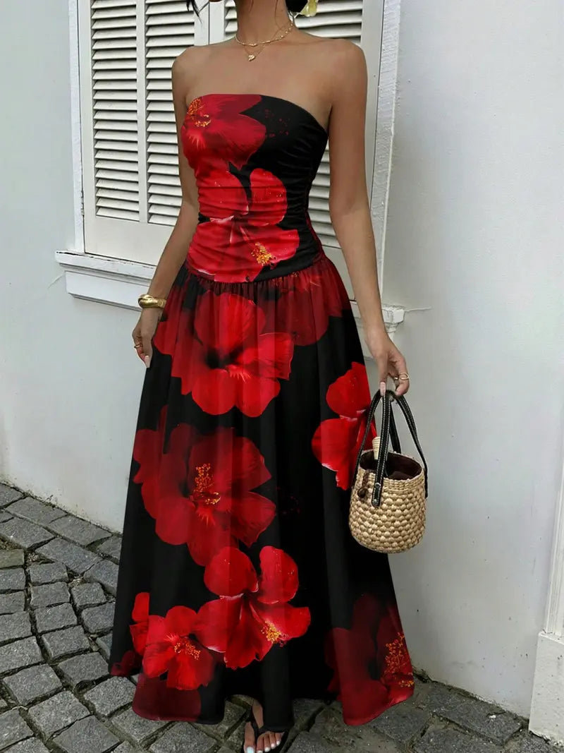 Robe longue élégante à pois sans bretelles pour femme, chic sans manches, idéale pour les fêtes et tenues décontractées, robe de soirée élégante