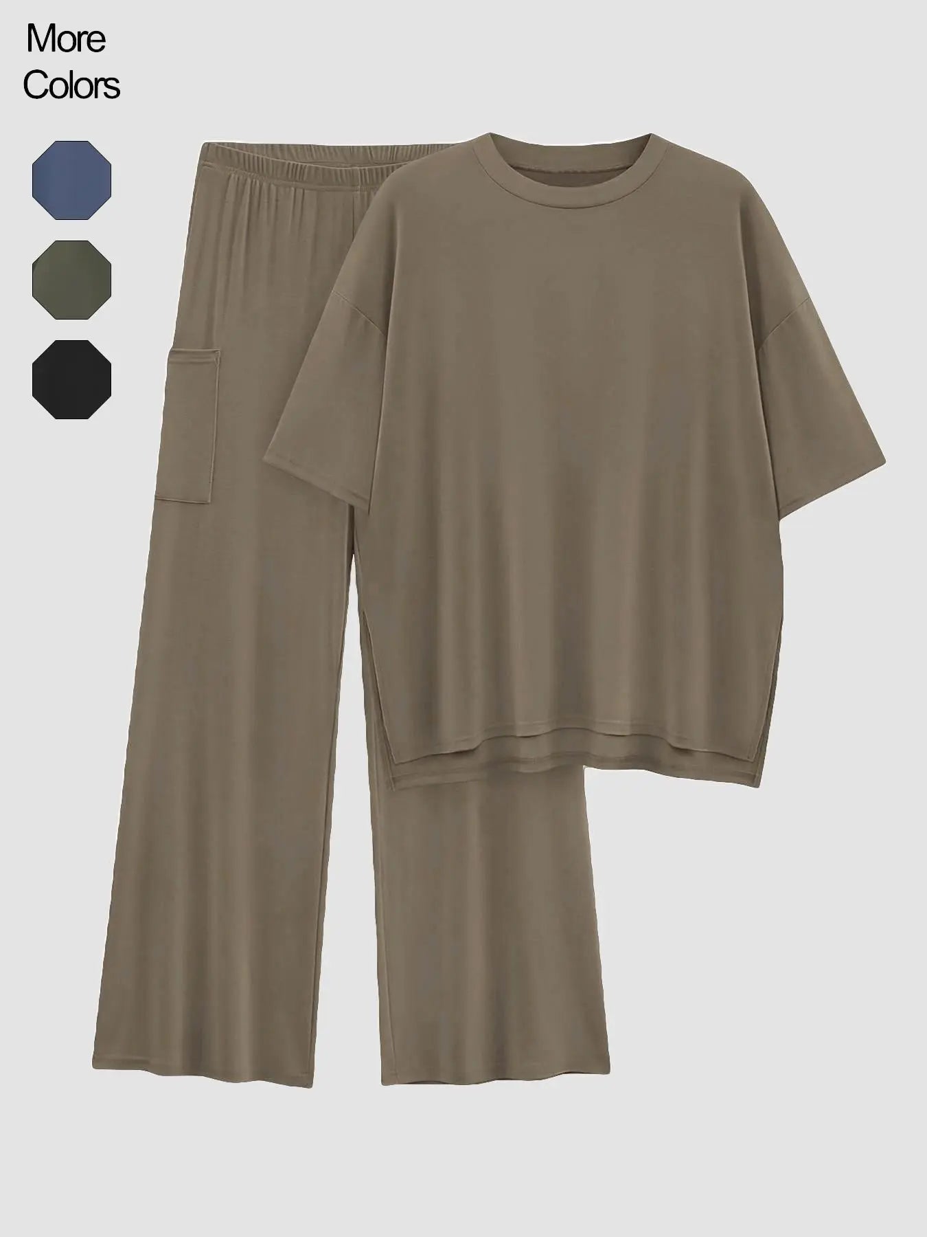 Ensemble deux pièces T-shirt uni à épaules tombantes et pantalon à taille élastique pour femme