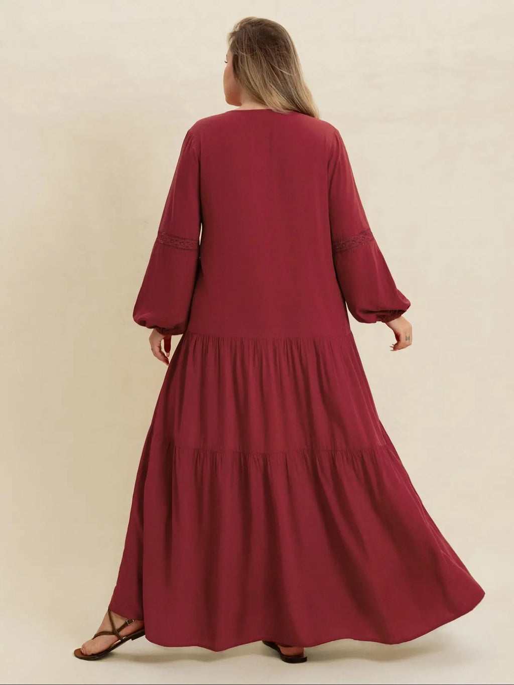 【Grande taille】 Robe longue unie à col en V et manches longues, Robe bohème modeste pour le quotidien, les vacances et les voyages, Vêtements grande taille pour femmes toutes saisons
