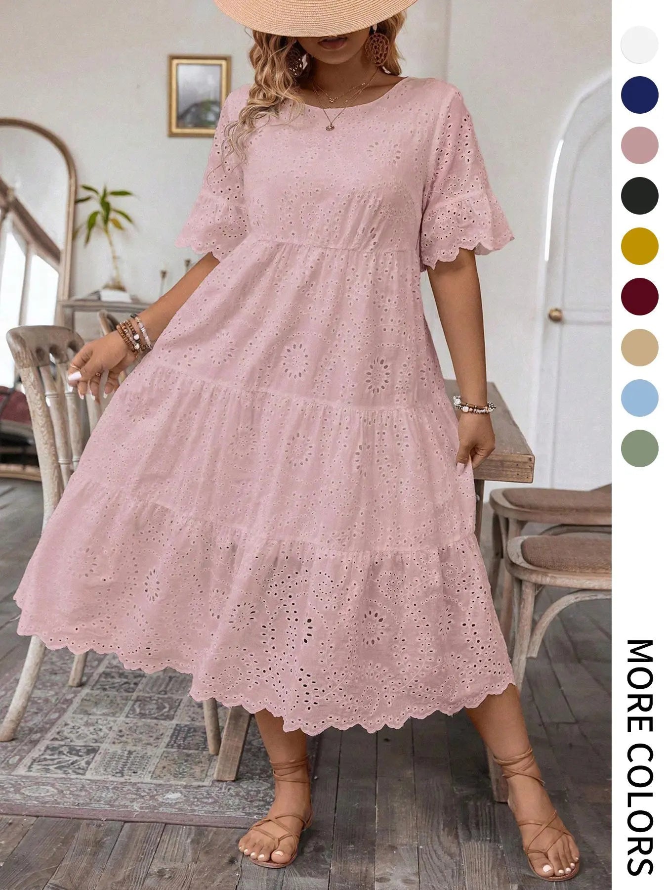 【Grande Taille】 Robe Unie Broderie Anglaise, Robe Bohème à Col Rond pour Vacances et Usage Quotidien – Vêtements d'Été pour Femmes