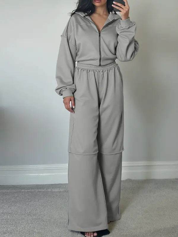 Ensemble deux pièces sweat à capuche zippé uni et pantalon taille élastique pour femme, haut décontracté à manches longues et épaules tombantes et pantalon pour l'automne et l'hiver, vêtements pour femme pour un usage quotidien