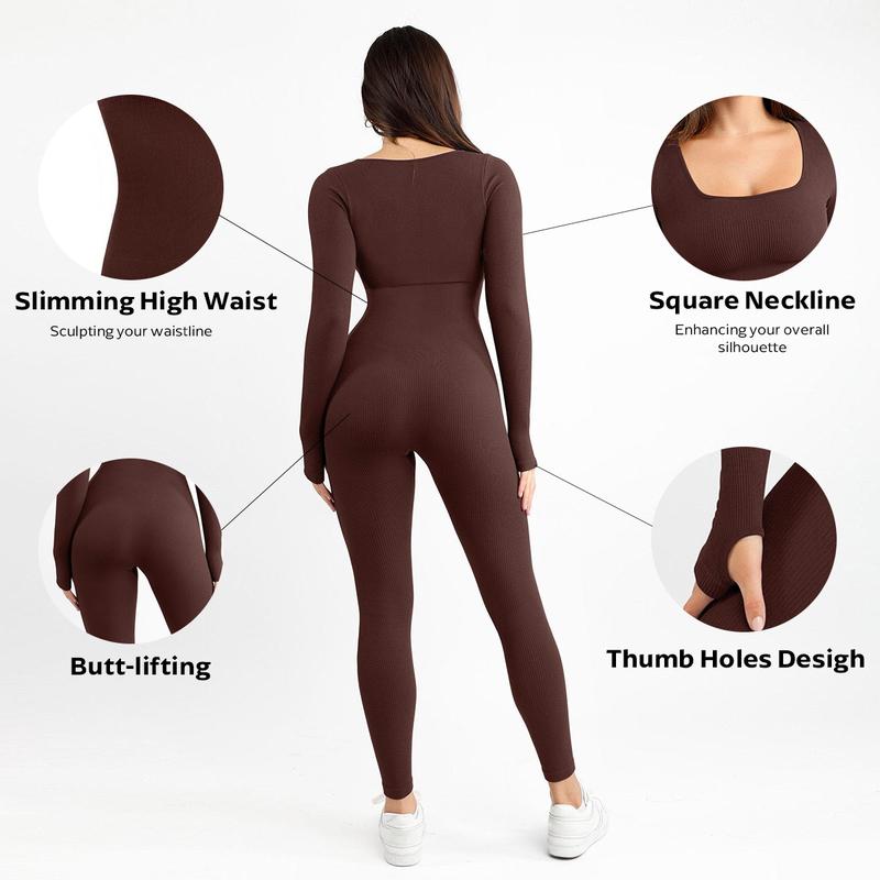 Combinaison de Yoga Sans Couture à Manches Longues et Col en U pour Femme, Combinaison Unie pour Tenue Quotidienne en Extérieur, Vêtements de Sport Simples avec Trous pour les Pouces