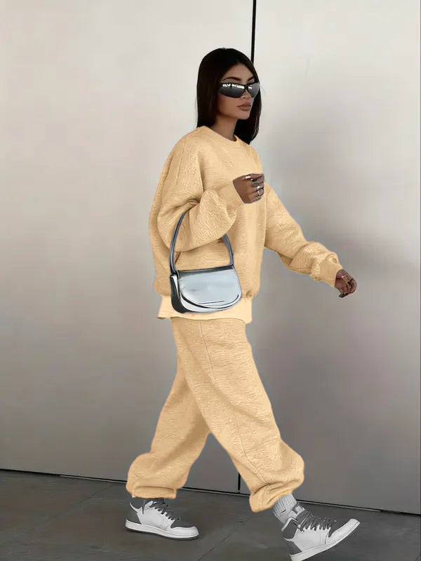 Ensemble deux pièces femme : Sweat-shirt col rond et pantalon de jogging ample, style décontracté sportif urbain hip-hop, mode automne et hiver