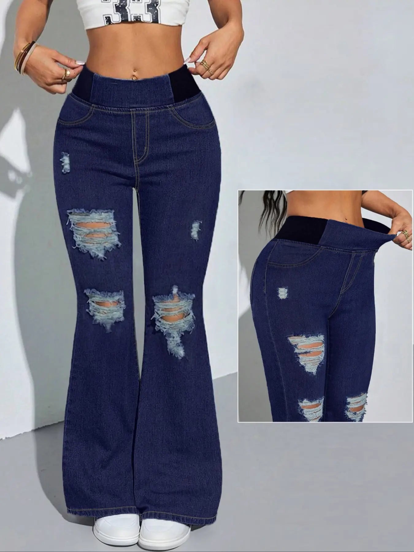 Jeans évasés Y2K 2026 pour femmes, taille élastique mi-haute, avec poches, délavage bleu clair, jeans pattes d'éléphant jambes larges pour femmes, taille ajustée