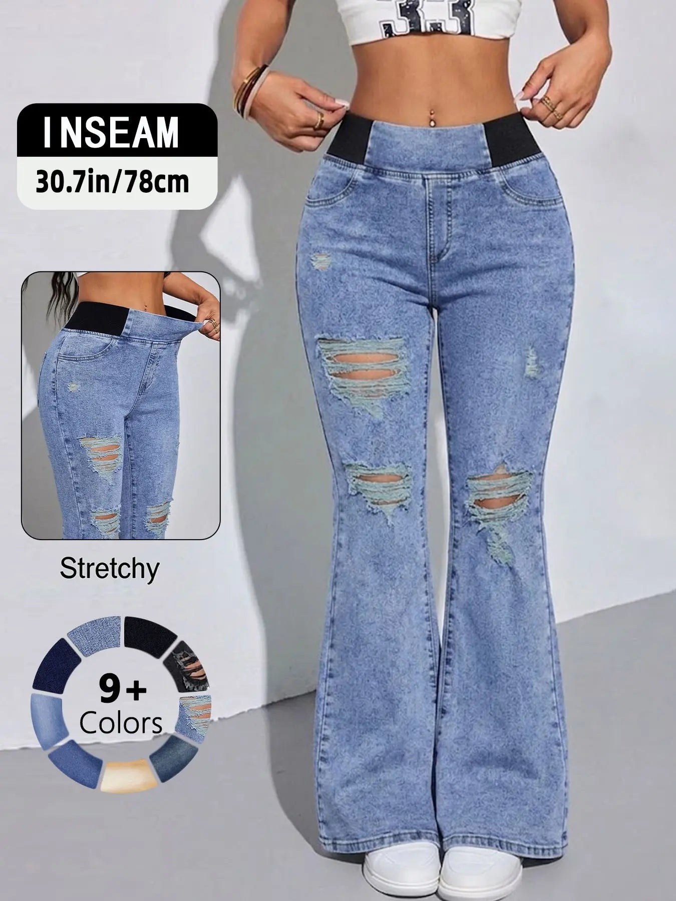 Jeans évasés Y2K 2026 pour femmes, taille élastique mi-haute, avec poches, délavage bleu clair, jeans pattes d'éléphant jambes larges pour femmes, taille ajustée