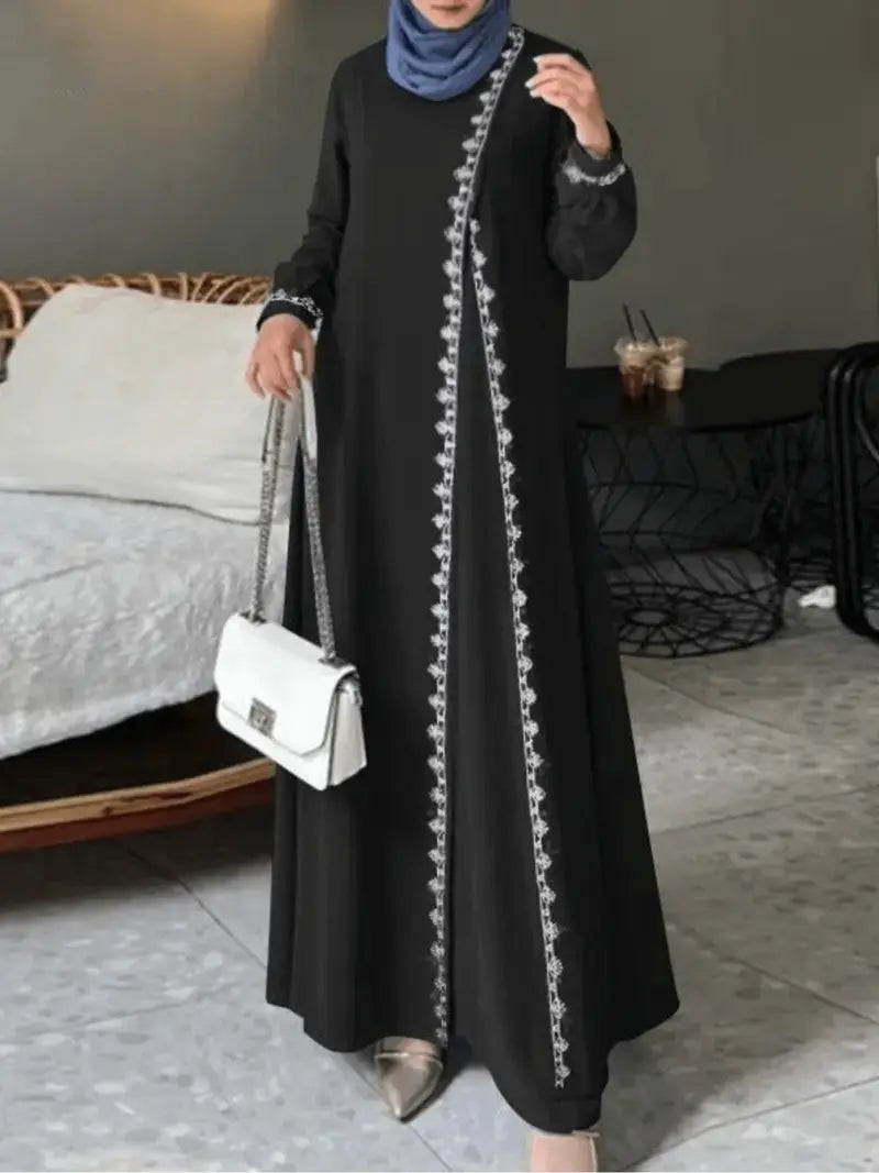 Robe décontractée à manches longues et col rond pour femme, couleur unie, style élégant avec garniture en dentelle, parfaite pour le quotidien et les occasions spéciales.