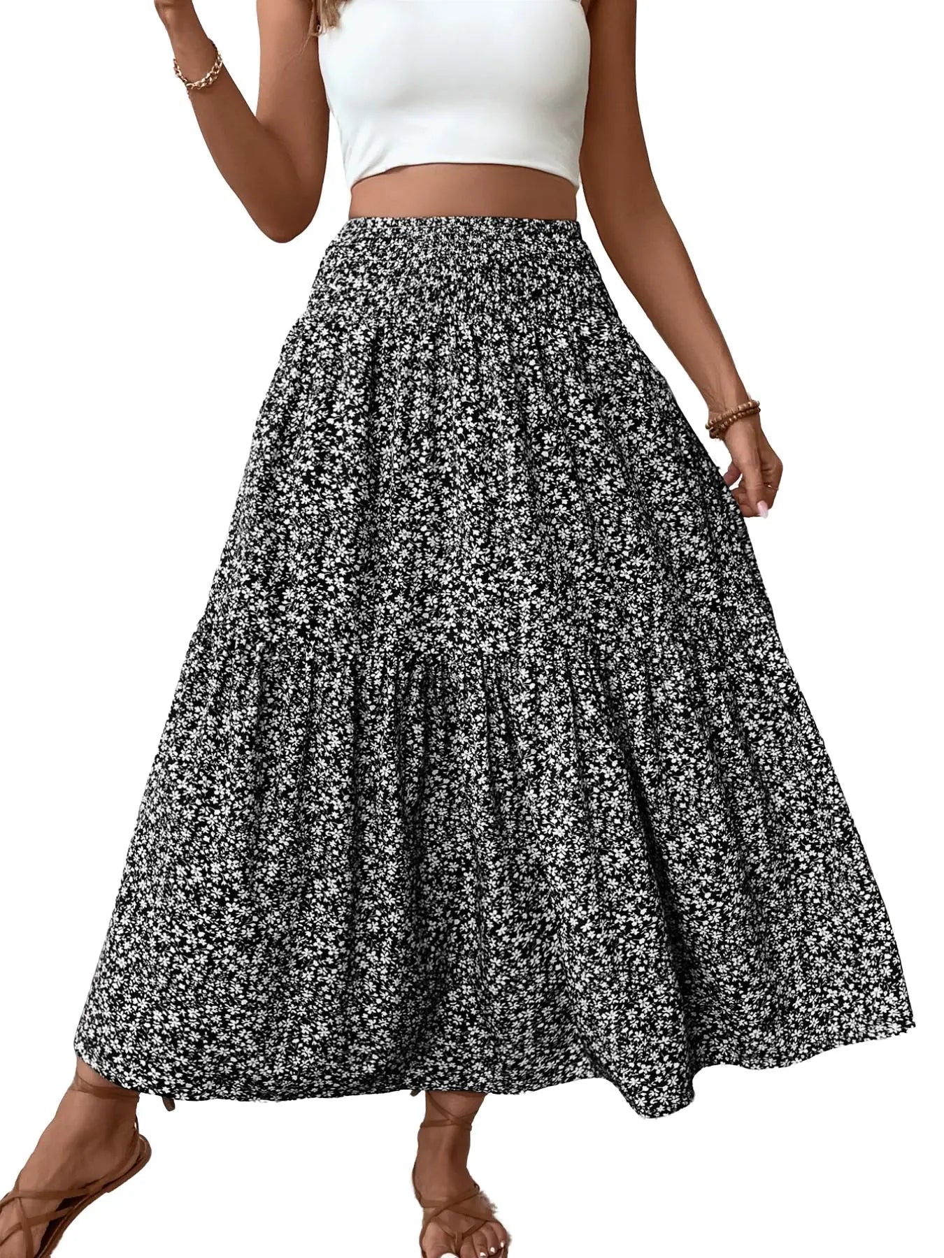 Jupe trapèze décontractée fleurie pour femme, taille élastique, poches, ourlet feuille, jupe longue ajustée, robe mi-longue tendance