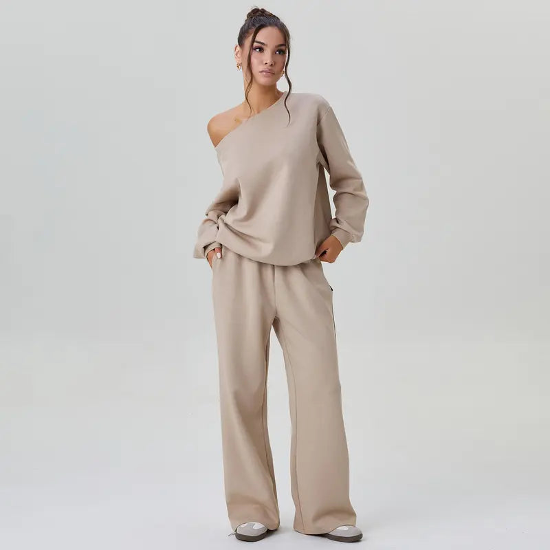 Ensemble deux pièces décontracté pour femme, couleur unie, haut à manches longues et épaule tombante, et pantalon large, confortable, décolleté rond, ample, basique.