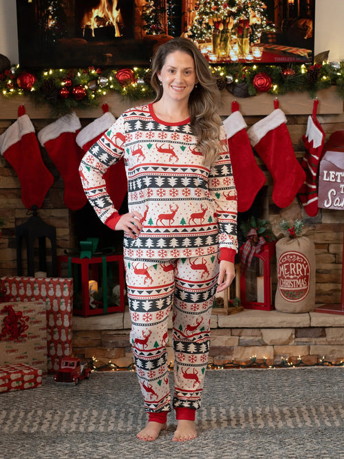 Pyjamas de Noël pour la famille, motif rennes, manches longues avec chaussettes de Noël (Sécurité certifiée SGS) Rouge et blanc