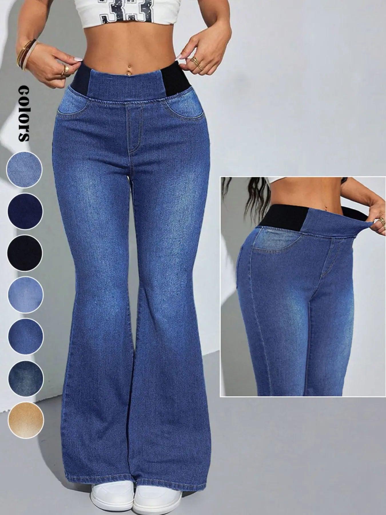 Jeans évasés Y2K 2026 pour femmes, taille élastique mi-haute, avec poches, délavage bleu clair, jeans pattes d'éléphant jambes larges pour femmes, taille ajustée