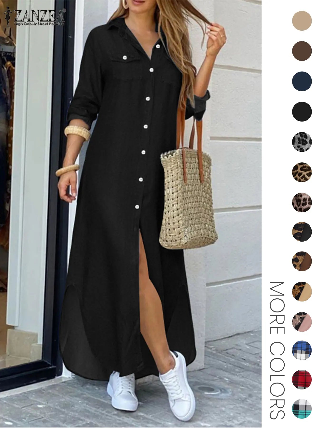 Robe chemise femme à imprimé léopard, boutonnée sur le devant avec poches à rabat, en tissu, décontractée, ourlet incurvé, manches longues, col chemise, longue, pour le quotidien, vêtements pour femmes toutes saisons