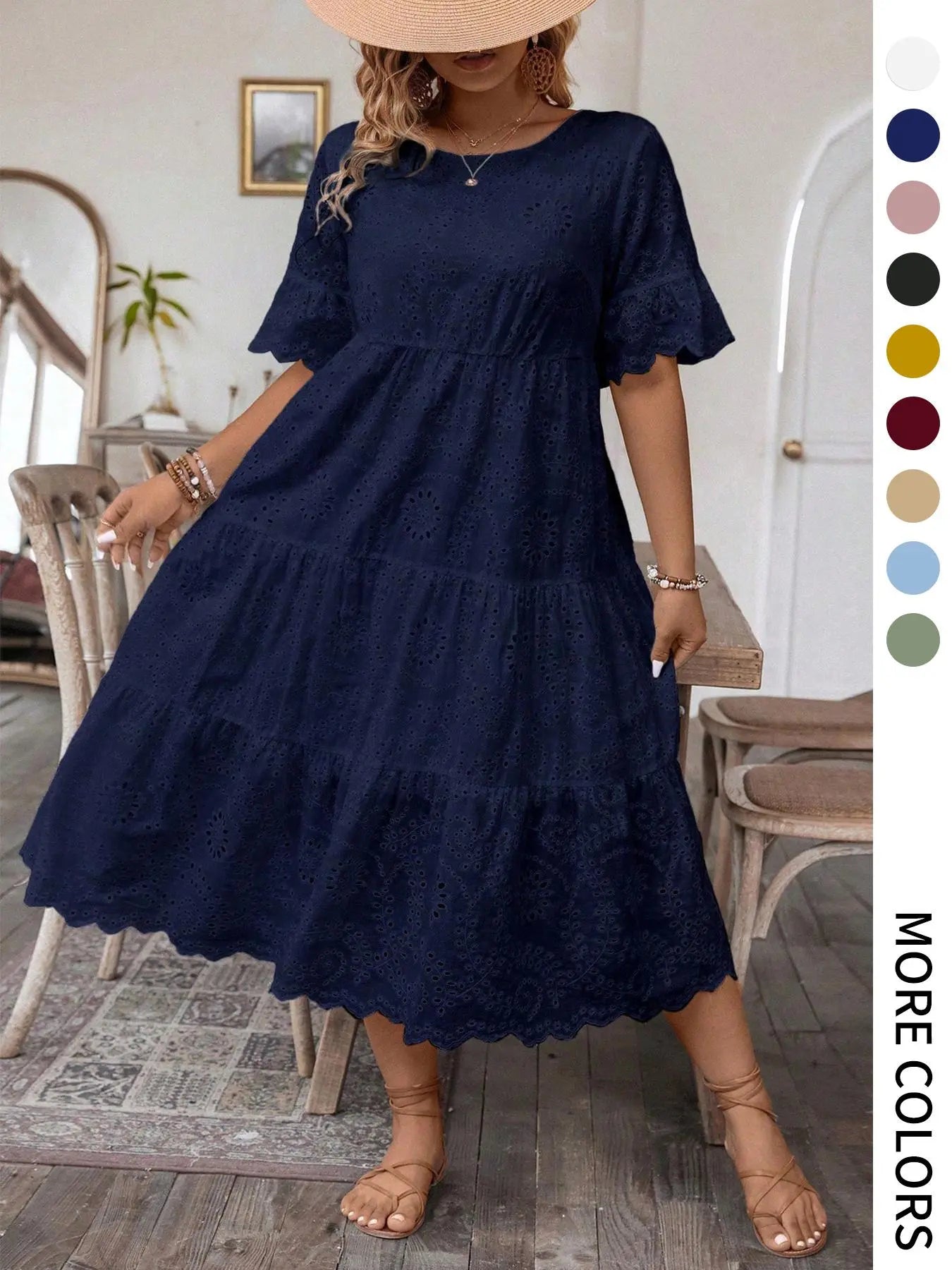 [Grande Taille] Robe unie avec broderie œillets, Robe bohème à col rond pour les vacances et le quotidien – Vêtements d'été pour femmes
