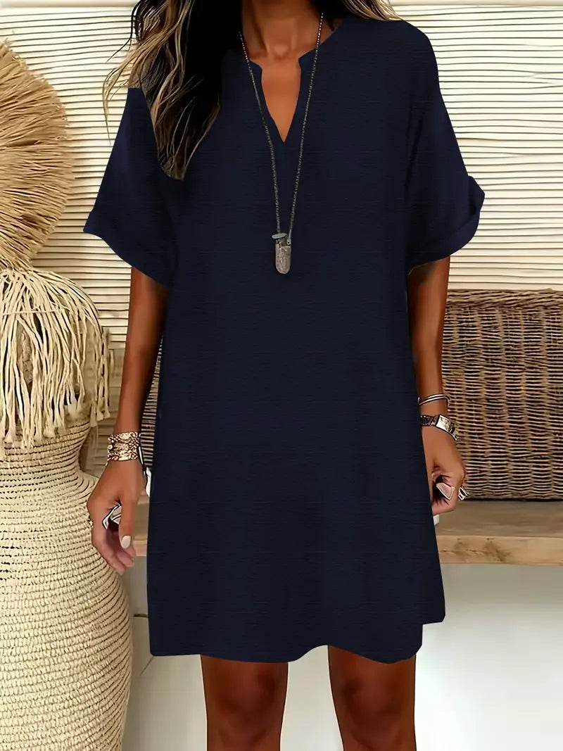 Robe midi unie à encolure crantée et manches courtes pour femme, robe trapèze décontractée chic à épaules tombantes pour l'été, robe confortable et élégante