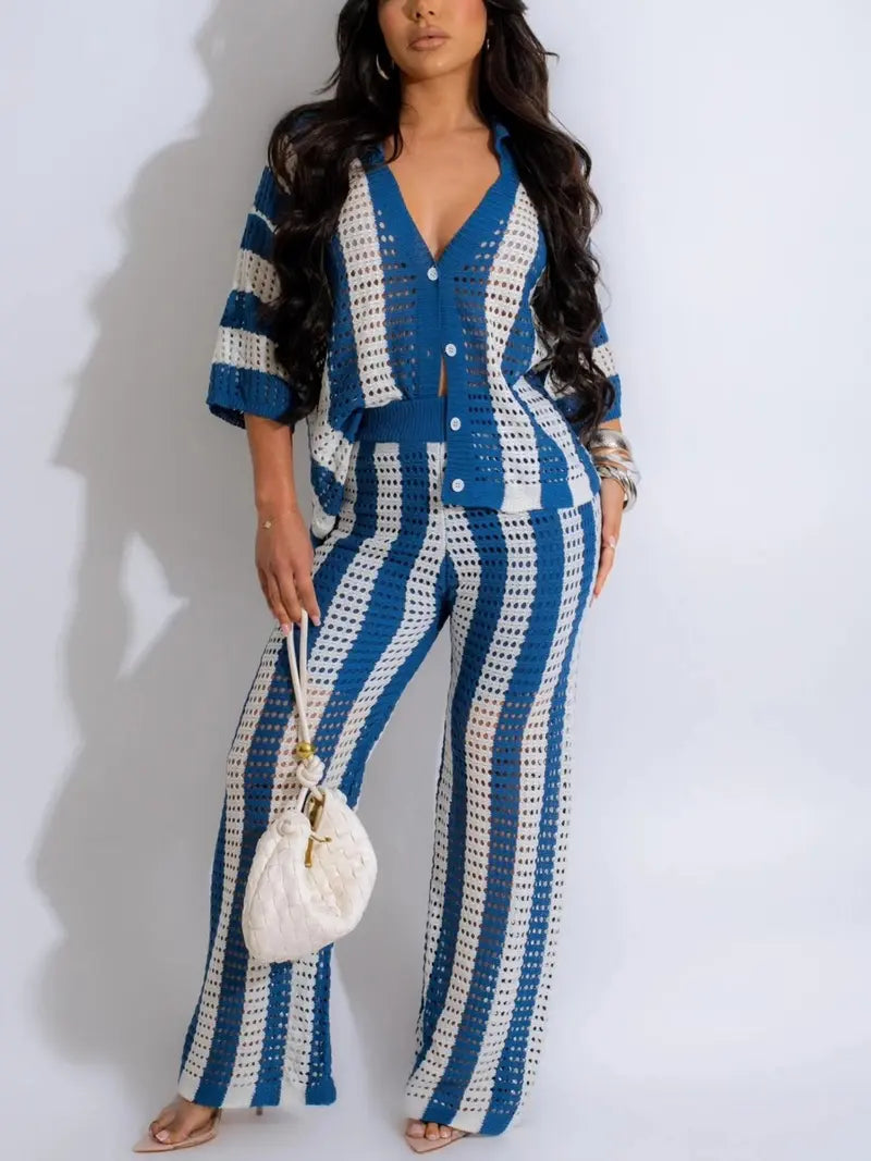 Ensemble deux pièces femme - Haut color block rayé découpé boutonné et pantalon large