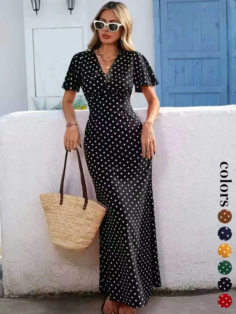 Robe longue bohème à col en V et manches courtes pour femmes, style décontracté à pois pour les vacances, nouvelle mode européenne et américaine