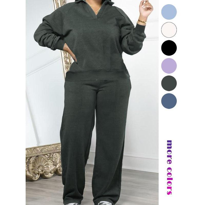 Ensemble de survêtement uni à manches longues et pantalon taille coulissée pour femme, tenue deux pièces décontractée et confortable pour le quotidien et l'extérieur, vêtements pour femme pour toutes les saisons