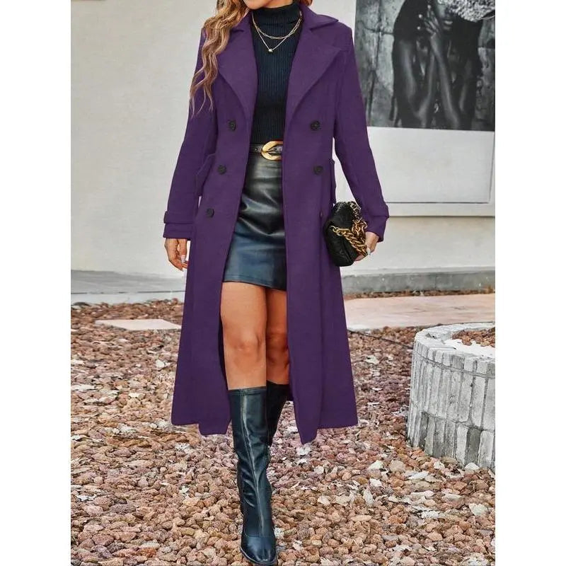 Manteau mi-long en laine mélangée d'hiver pour femme avec revers cranté et double boutonnage, manteau en laine unie à double bouton pour femme, manteau long élégant à manches longues pour femme, gris