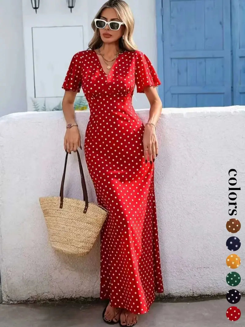 Robe longue bohème à col en V et manches courtes pour femmes, style décontracté à pois pour les vacances, nouvelle mode européenne et américaine