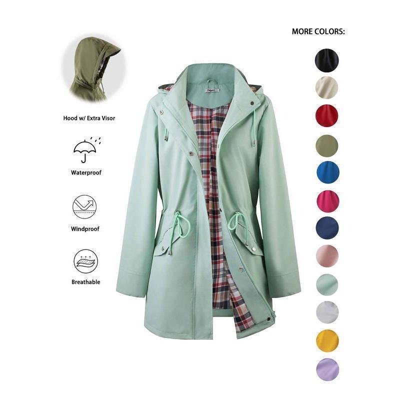 Trench-coat à capuche zippé de couleur unie pour femme, à cordon de serrage, manches longues, imperméable, coupe-vent, doux, confortable, décontracté, adapté au printemps, à l'automne, aux tenues quotidiennes et aux sorties