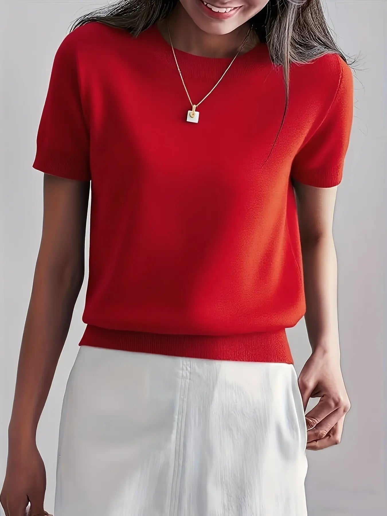 Pull en maille unie à col rond et manches courtes pour femme, tricot basique décontracté pour le printemps et l'automne, vêtements en tricot tendance pour femme pour le quotidien, prêt-à-porter féminin