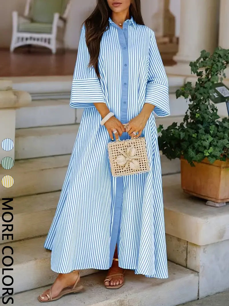 Robe Chemise Rayée Col et Boutonnage Décontractée Élégante pour Femme
