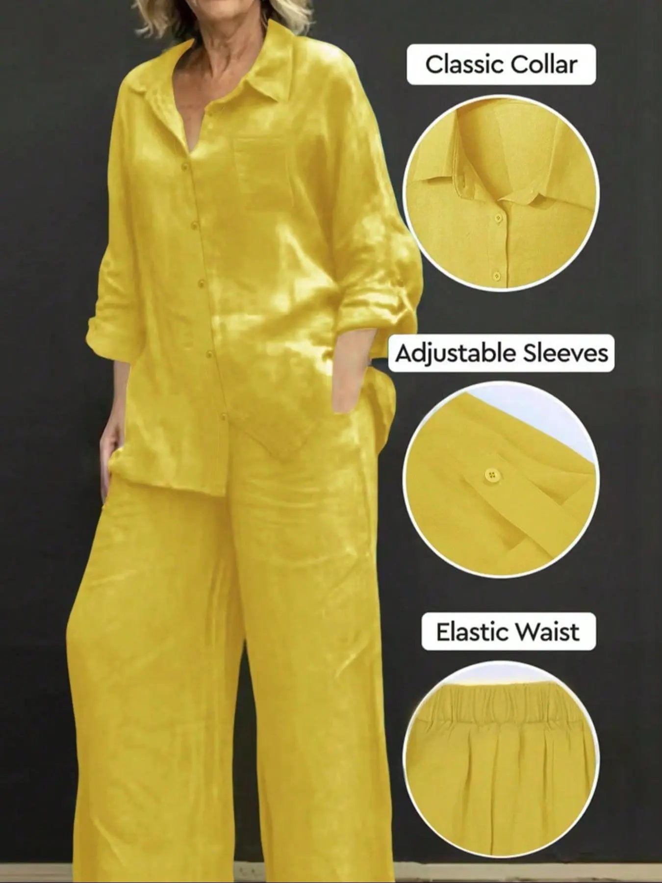 Ensemble Femme Chemise Couleur Unie & Pantalon Large, Tenues Deux Pièces Décontractées Confortables et Respirantes pour le Quotidien en Extérieur, Vêtements Femme pour Printemps Automne