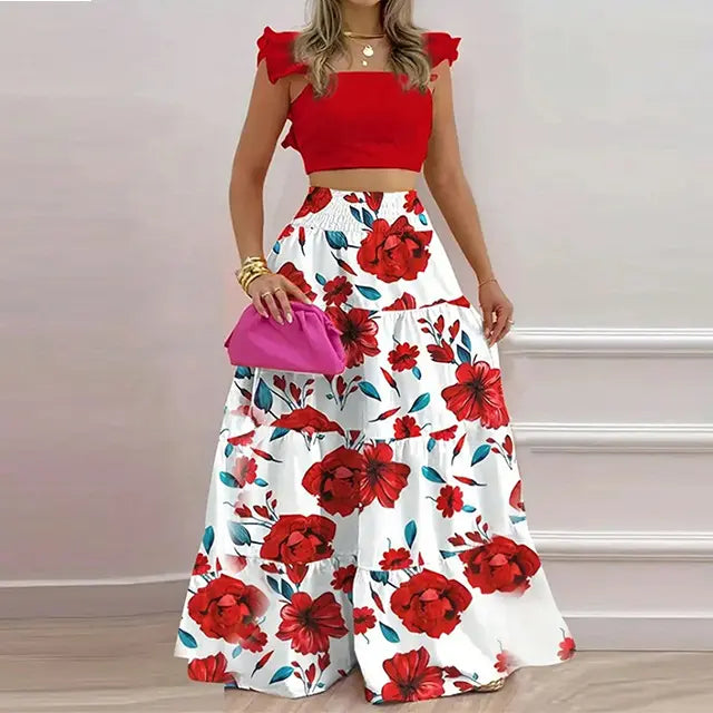 Ensemble deux pièces jupe longue et haut froncé couleur unie / imprimé floral pour femme, tenue décontractée bohème haut et jupe pour les vacances quotidiennes, pour femmes, pour l'été