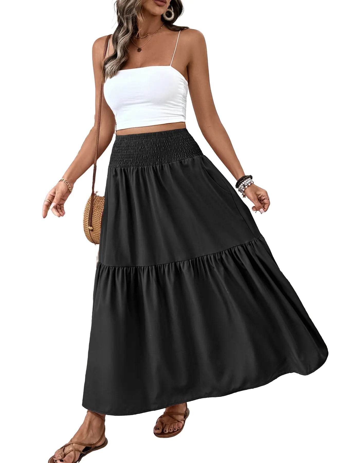Jupe trapèze décontractée fleurie pour femme, taille élastique, poches, ourlet feuille, jupe longue ajustée, robe mi-longue tendance